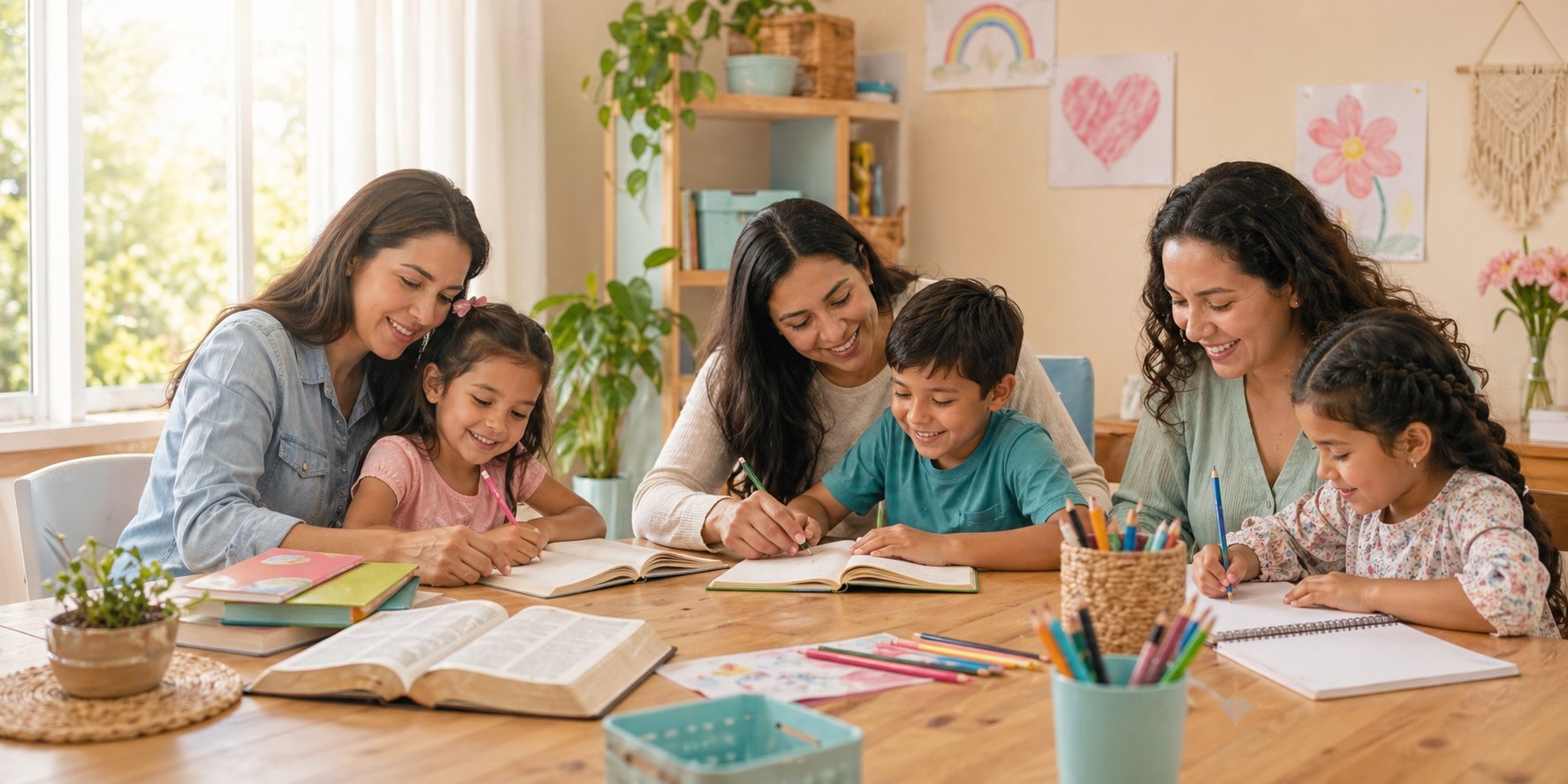 Mamás y niños aprendiendo juntos en un ambiente de educación en casa