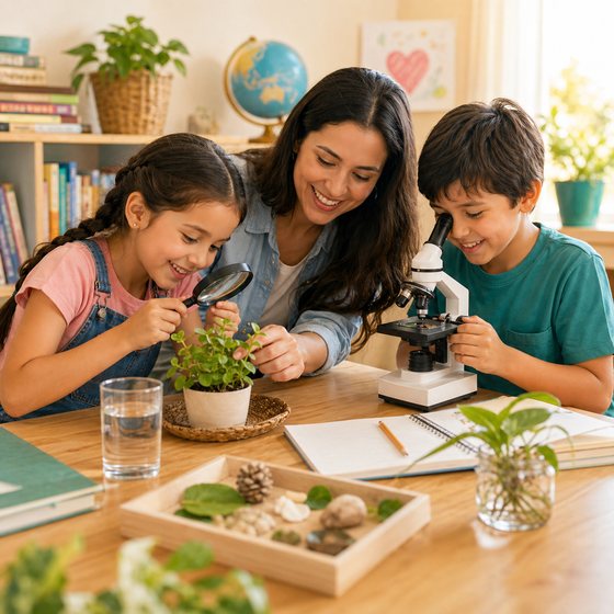 Niños explorando ciencias con una lupa y un microscopio